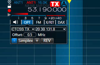 SmartSDR using standard FM, CTCSS TX encode and offset set for the W9YB 6m repeater in my area.  Too bad that repeater is offline due to a lightning strike :-(